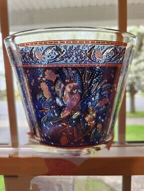 Vintage 1970s Houze Art Glass Pheasant Ice Bucket, Blue Gold Purple Cranberry 6"